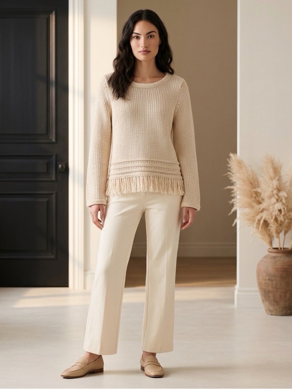 LOFT 100% Cotton Chunky Knit Fringe Hem Sweater Cream XS